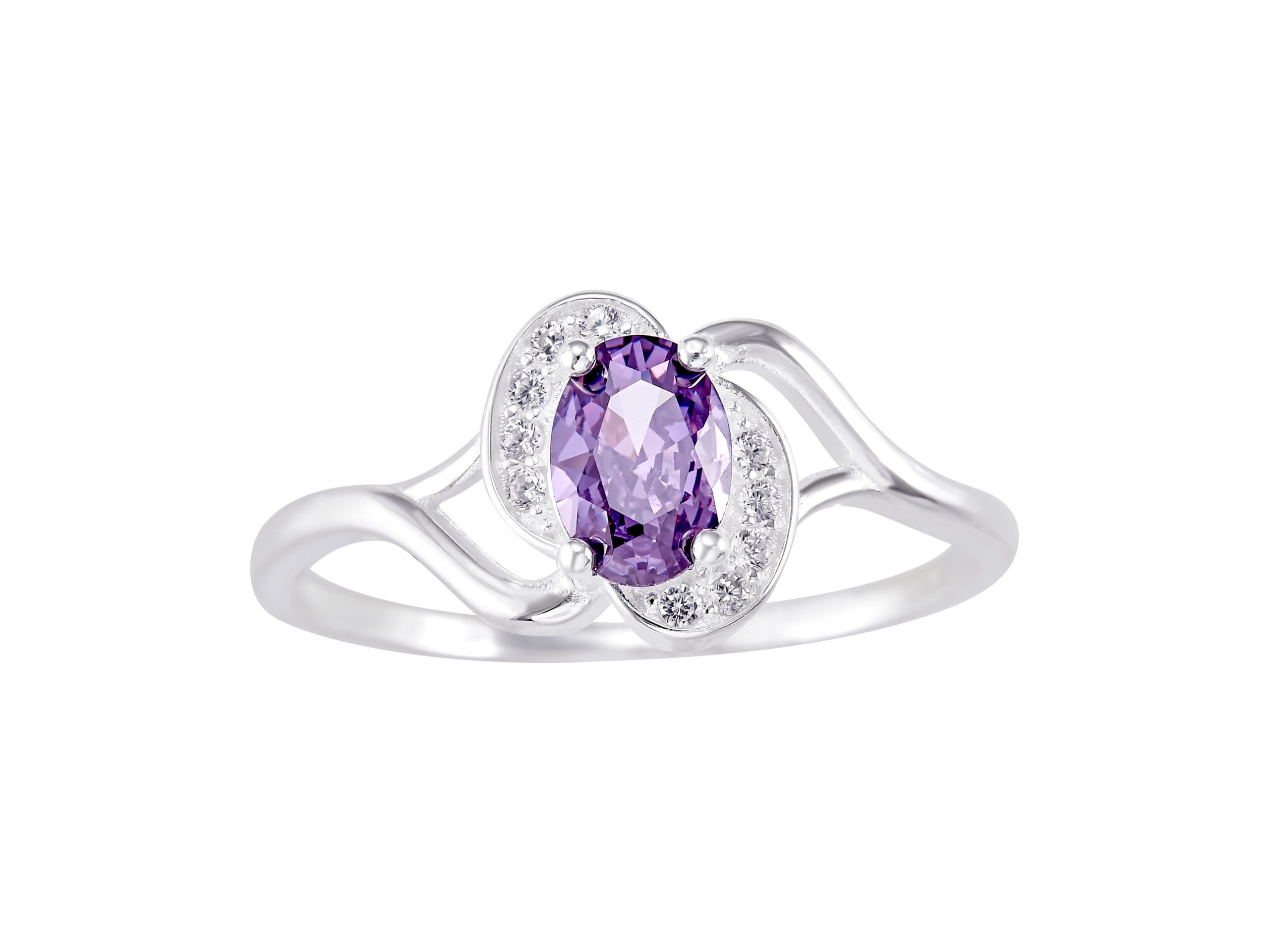 Anillo Ovalo Entrelazado Zirconia Morada y Blanca