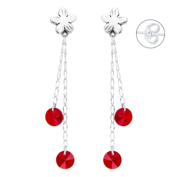 Aretes Flor y Cristal Rojo Colgante