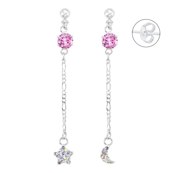 Aretes Zirconia Rosado Luna y Estrella 8 cm