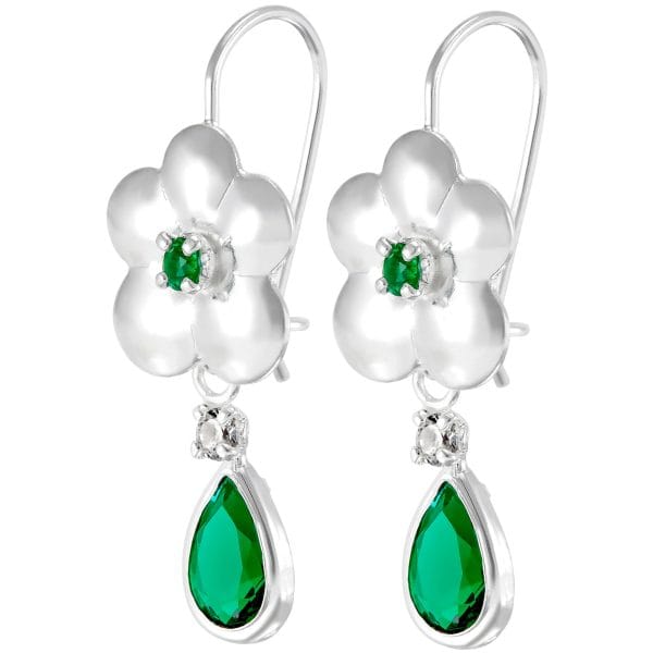 Aretes Flor Zirconia Esmeralda Gota Colgante
