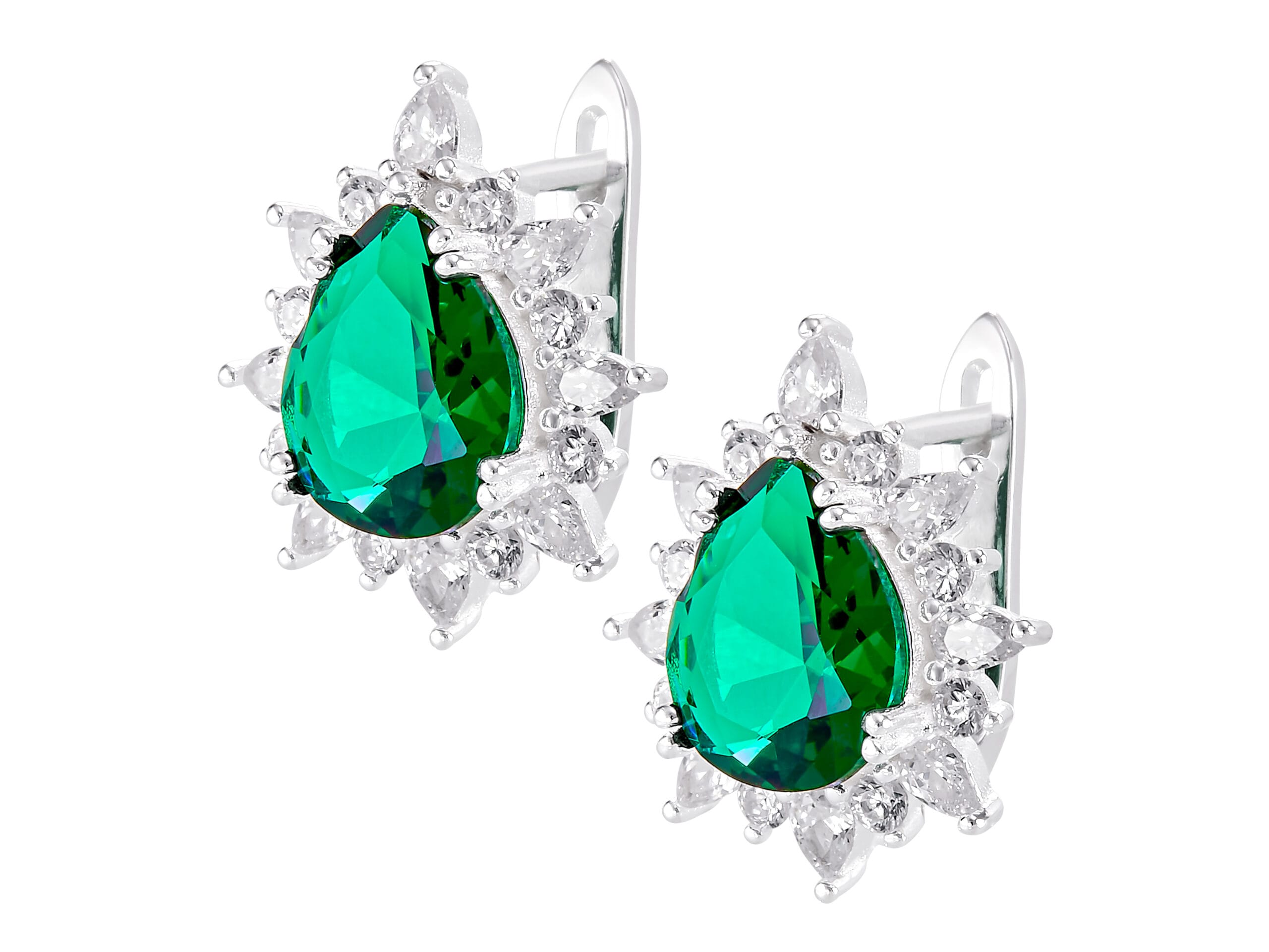 Aretes Gotas Zirconia Esmeralda y Microzirconias Blanca