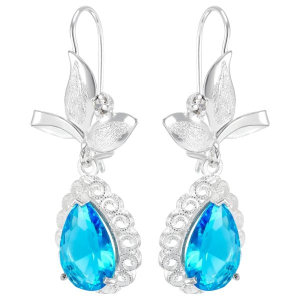 Aretes Hoja Diamantado y Gota Azul Colgante