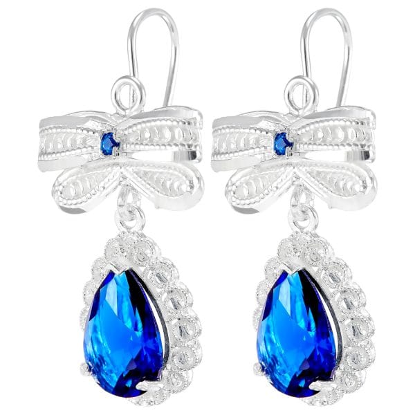Aretes Moño y Gota Zirconia Azul Rey Filigrana