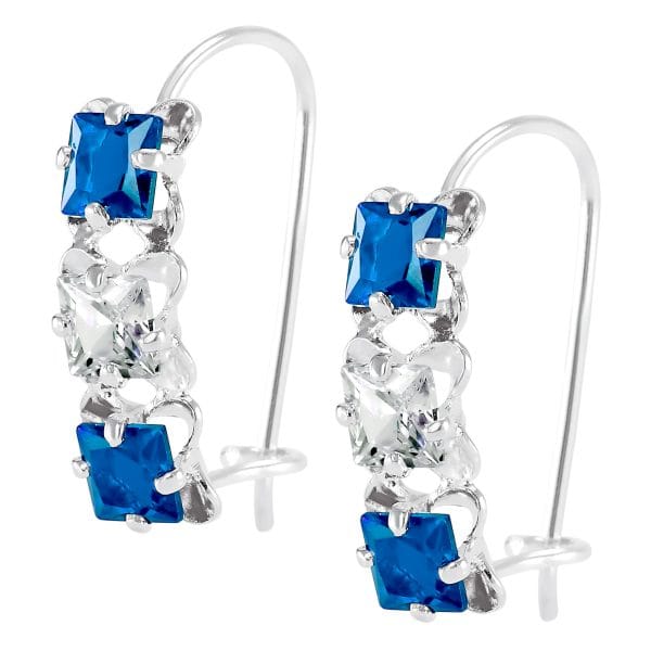 Aretes 3 Cuadros Zirconias Azul y Blanco