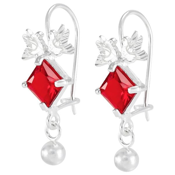 Aretes 2 Pajaros Zirconia Cuadro Rojo y Bola
