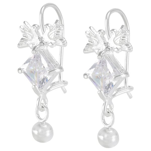Aretes 2 Pajaros Zirconia Cuadro Blanco y Bola