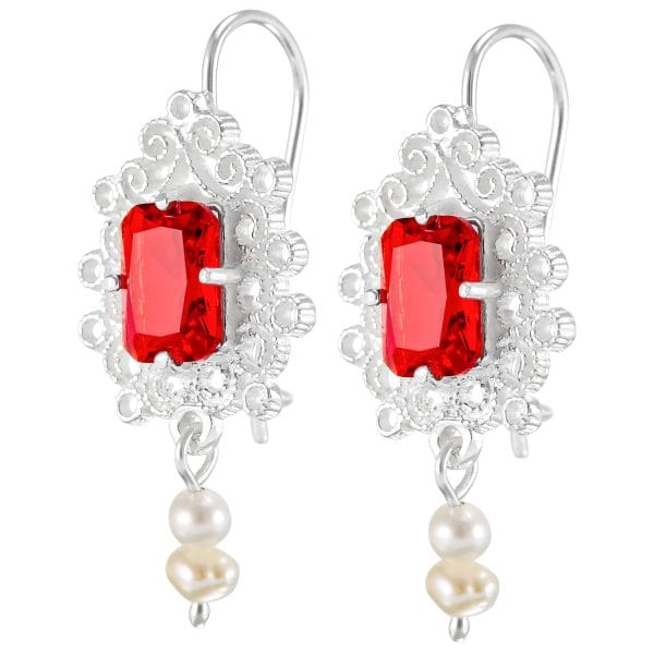 Aretes Cuadro Filigrana Zirconia Roja y Bola de Perla