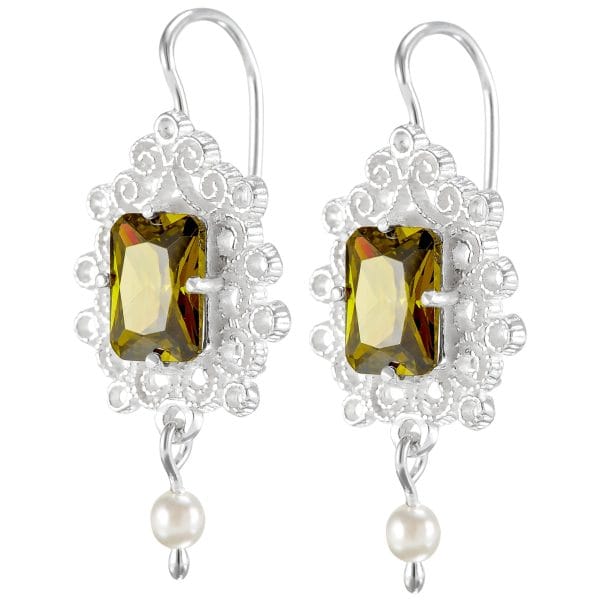 Aretes Cuadro Filigrana Zirconia Pistache y Bola de Perla