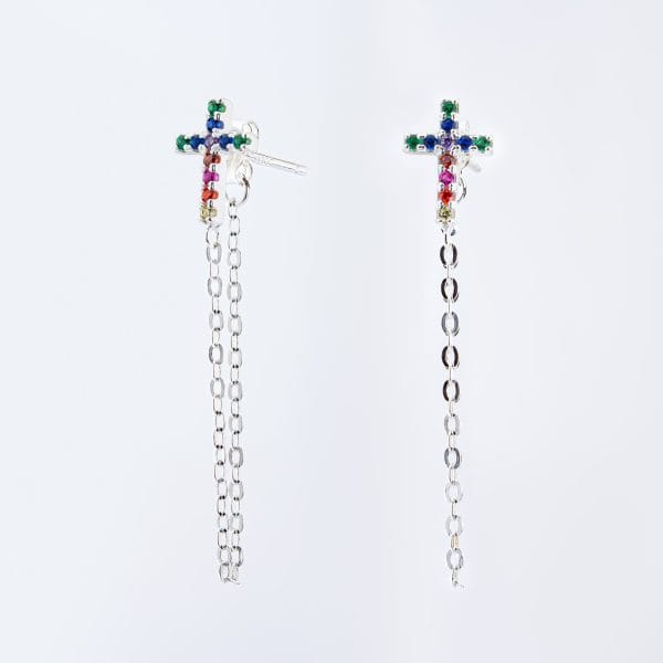 Aretes Cruz Cadenas Zirconias Multicolor