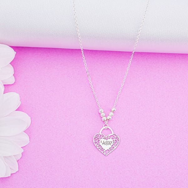 Gargantilla Corazon Calado "I Love Mom" y Bolas Diamantada
