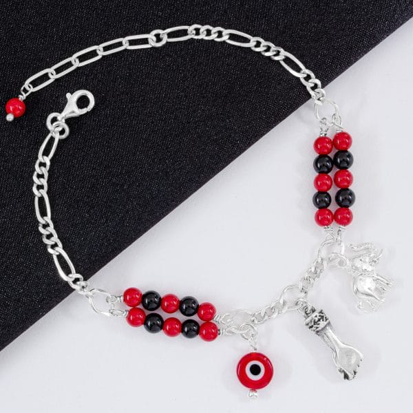 Pulsera Piedras Naturales Onix Natural y Coral Rojo, Mano, Elefante y Ojito