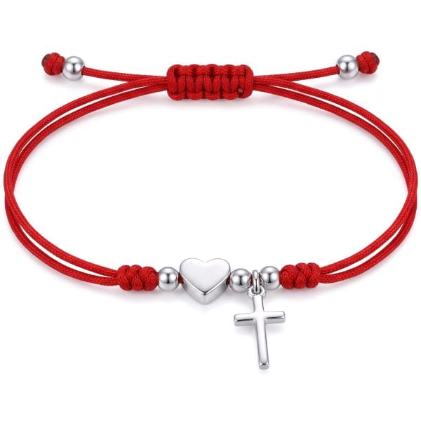 Pulsera Hilo Rojo Corazón y Cruz