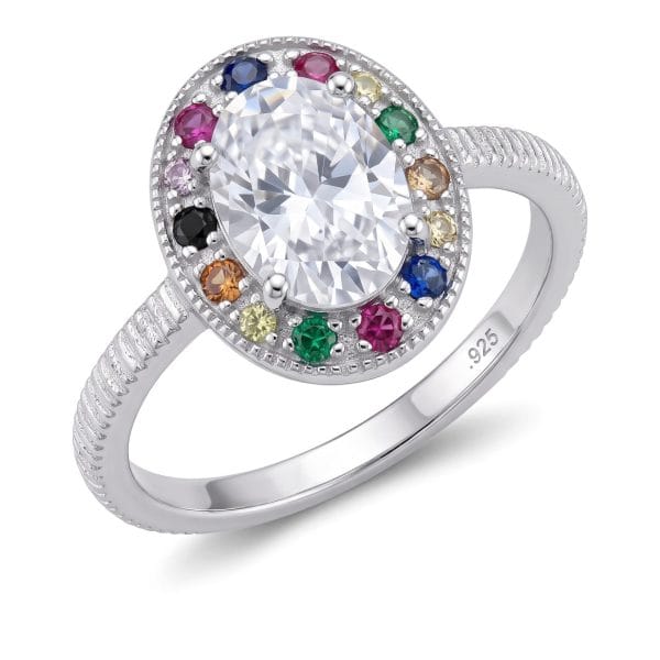 Anillo Ovalo Blanco y Zirconias Multicolor