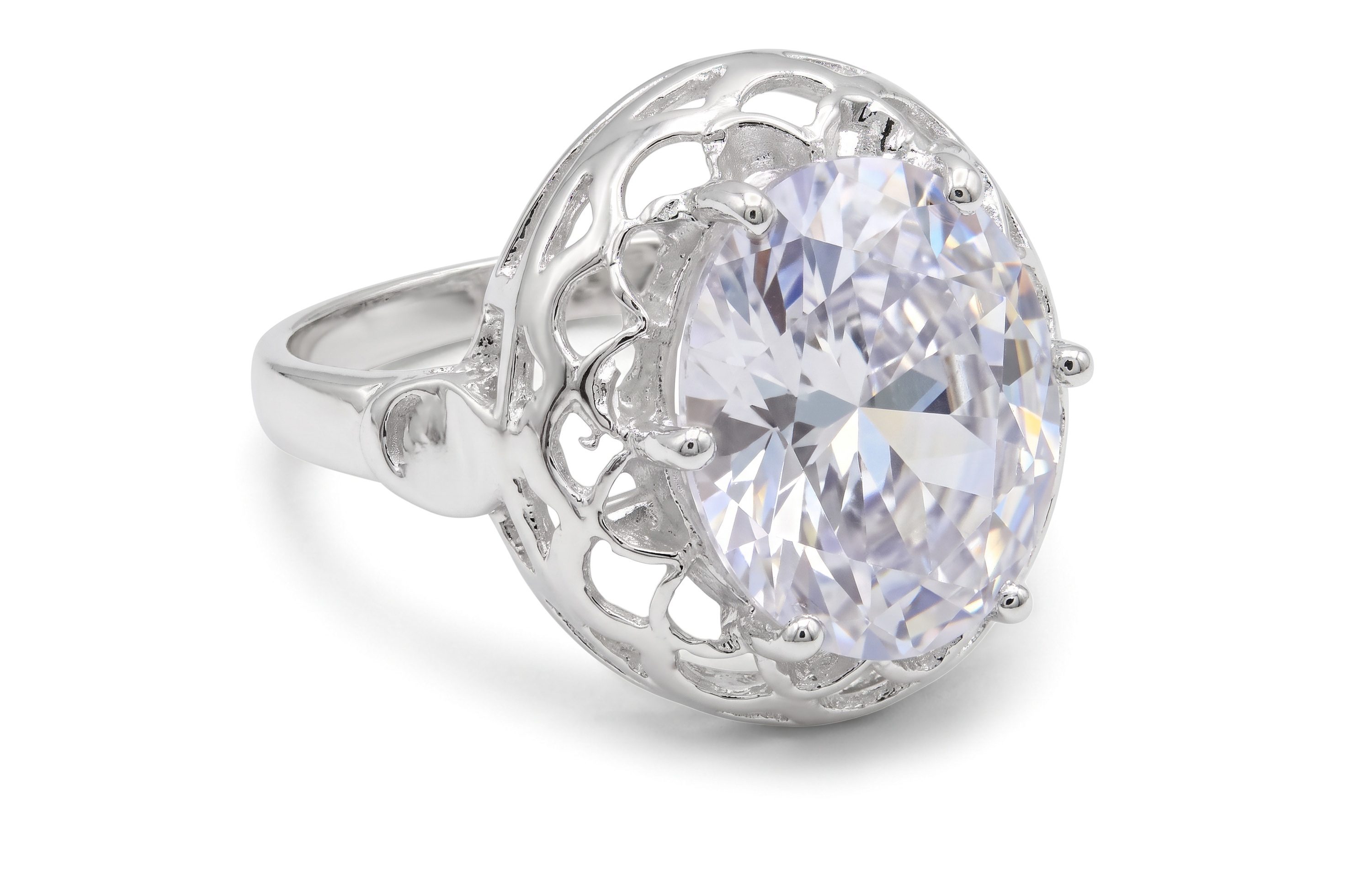 Anillo Ovalo Zirconia Blanca Grande Filigrana