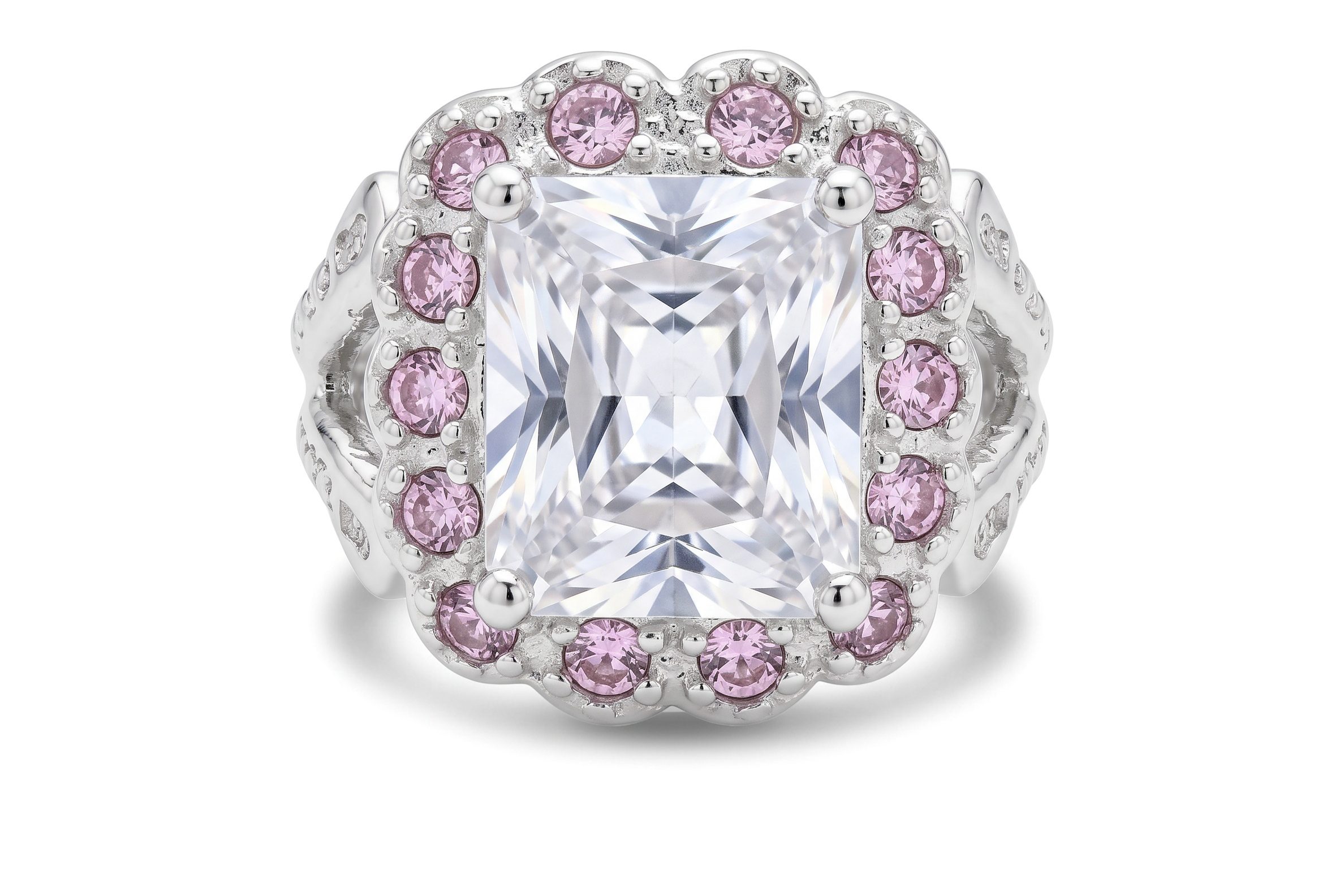 Anillo Cuadro Grande Zirconia Blanca y Zirconia Rosa